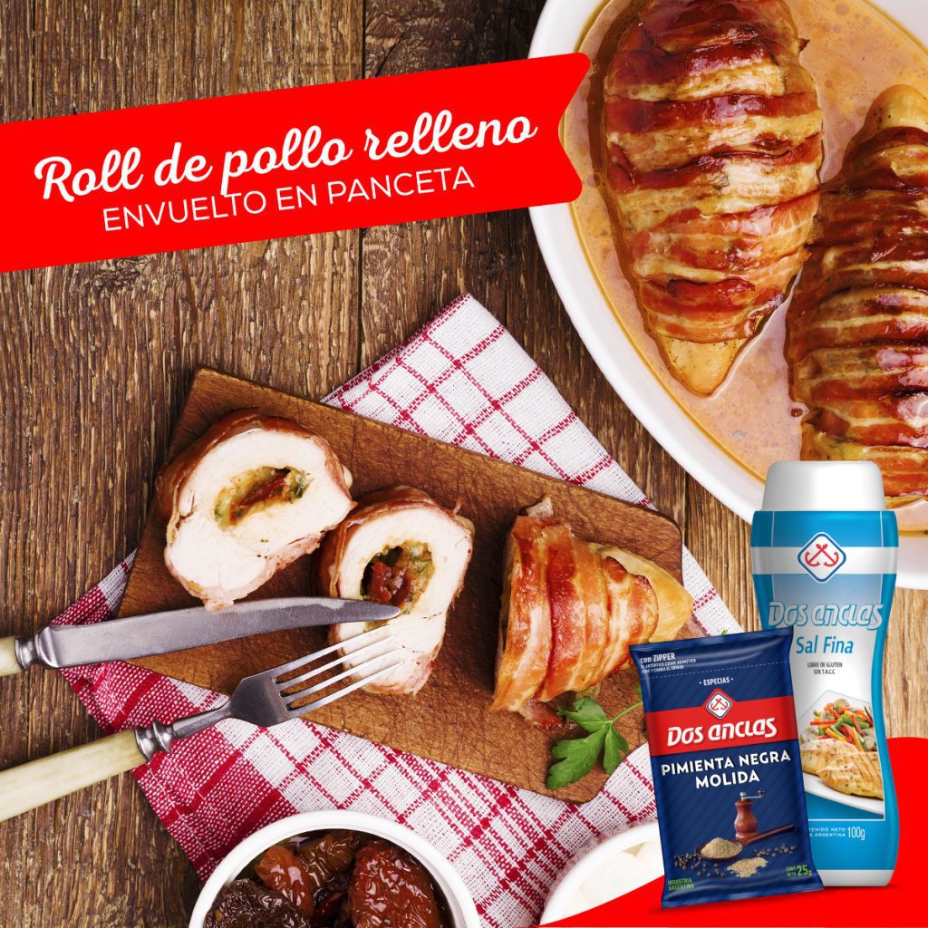 Roll de pollo relleno envuelto en panceta
