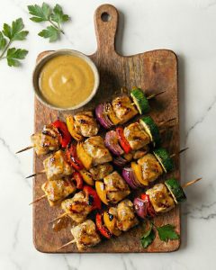 Brochettes de Pollo con salsa de Mostaza con Miel
