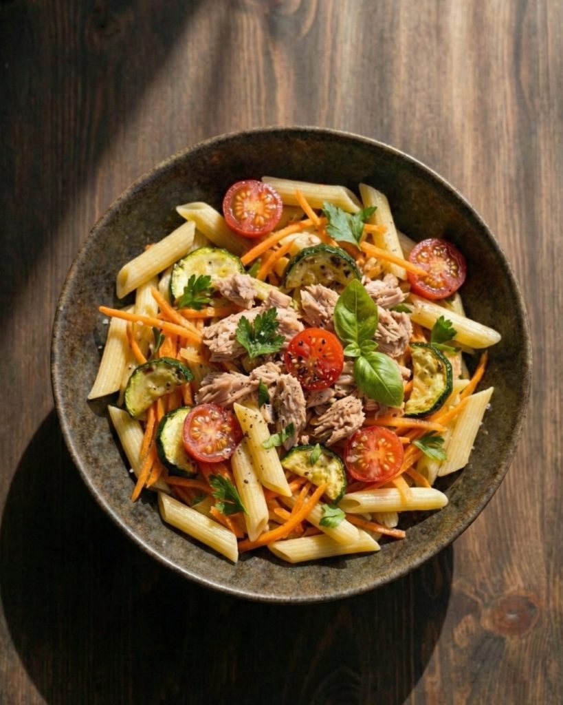 Ensalada de pasta con atún y vegetales